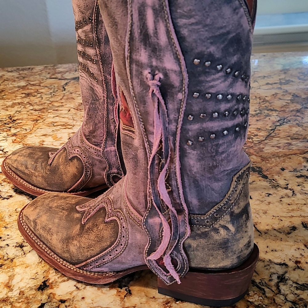 Dan Post Distressed Brown Leather Studded Western Heeled Boots - Picture 6 of 14